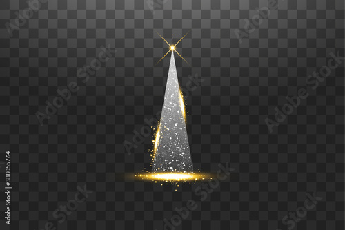 Illumination Lights Shiny Christmas tree Isolated on Transparent Background. White and golden Christmas tree as symbol of Happy New Year, Merry Christmas holiday celebration. Bright light decoration