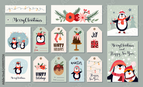 Christmas tags/labels/greeting cards with cute penguins and winter seasonal elements
