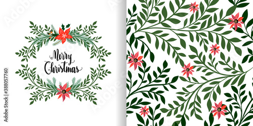 Christmas set with seamless pattern and greeting card, floral wreath, seasonal winter design