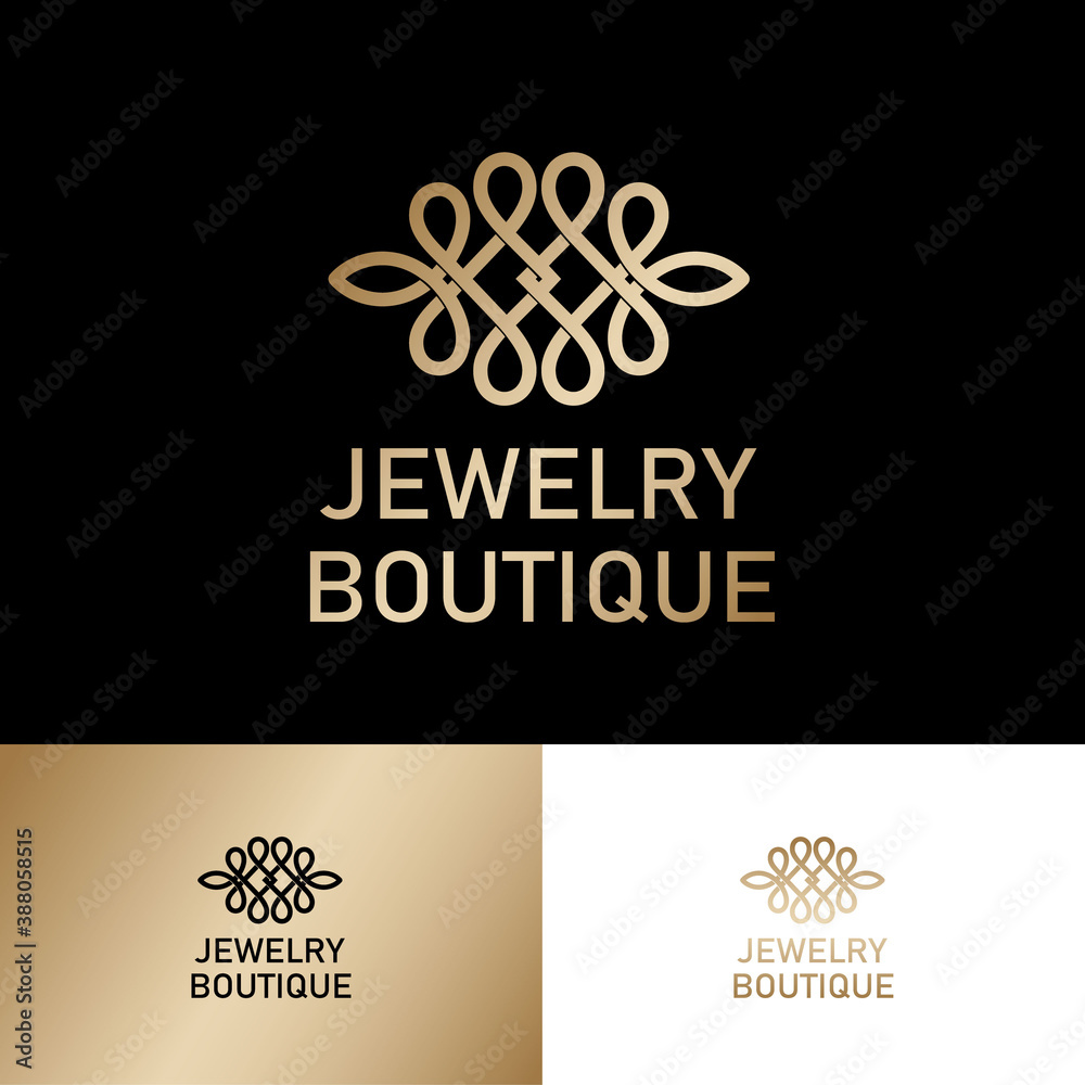 Jewelry Boutique logo. Gold ornament like lace element consist gold lines. Beautiful premium logo on different backgrounds.