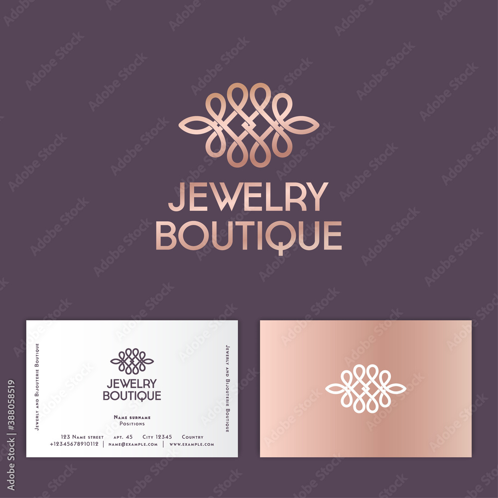 Jewelry Boutique logo. Pink gold ornament like lace element consist gold lines. Beautiful premium logo. Business card Jewelry Boutique logo. Pink gold ornament like lace element consist gold lines. Beautiful premium logo. Business card
