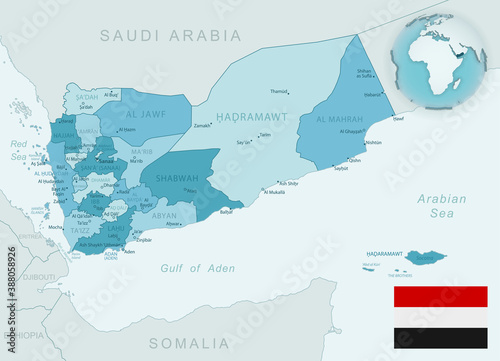 Blue-green detailed map of Yemen administrative divisions with country flag and location on the globe.