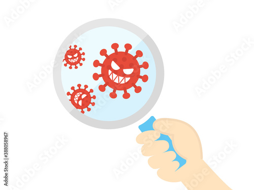 虫眼鏡で見るウイルスのイラスト