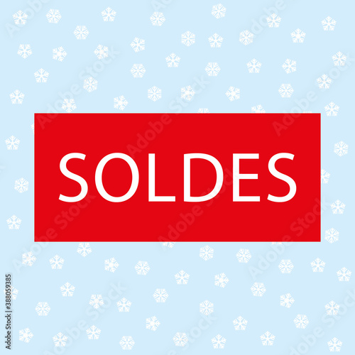 Soldes d'hiver ! Carton d'invitation ou poster d'affichage avec flocons sur ciel bleu et bandeau rouge central. Illustration vectorielle.