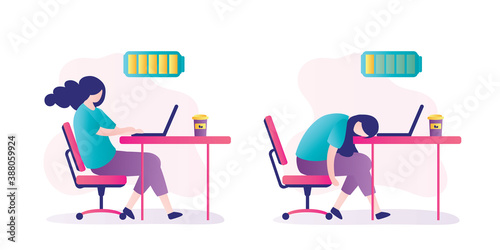 Happy and exhausted business woman sits at workplace. Female character with full and low battery sits at table. Tired employee or student