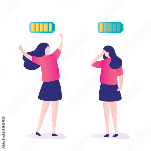 Happy and unhappy female office worker. Energetic and exhausted businesswoman. Concept of burnout and mental health problems