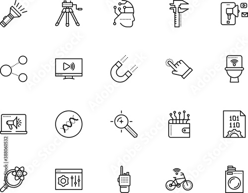 technology vector icon set such as: image, transport, location, cells, smartphone, flashlight, tripod, wide, photograph, attract, accuracy, medical, pay, robot, electric, gear, power, street, studio
