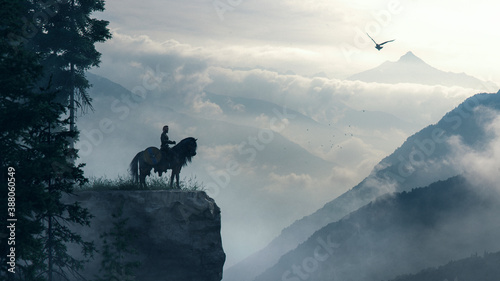 Viking knight on a cliff over cloudly mountains with raven - concept art - 3D rendering  photo