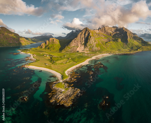 Flakstad island in norway full of beaches and mountains. Lofoten islands are famous tourist destination. Archipelago north of polar circle is full of beautiful views. Perfect drone landscape panorama