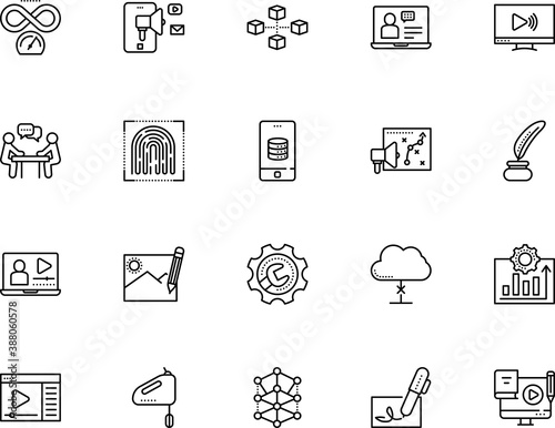 technology vector icon set such as: promo, object, chart, room, home, shutter, job, wrong, wire, assignment, blender, audio, attach, quill, text, setting, tutorial, wide, touch, camera, pixel