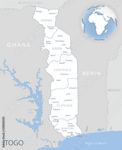 Blue-gray detailed map of Togo administrative divisions and location on the globe.