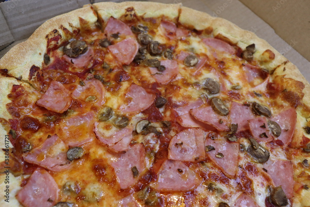 huge pizza with vegetables and mushrooms view huge pizza with vegetables and mushrooms view