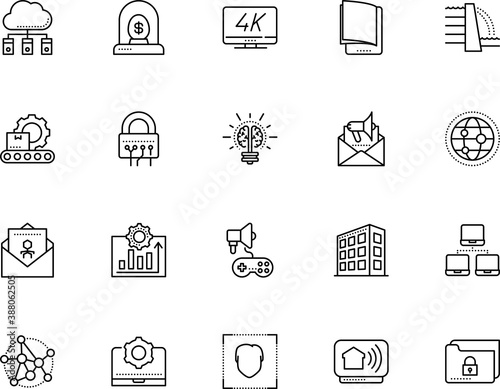 technology vector icon set such as: center, point, crypto, literature, compliance, film, games, folder, landscape, post, postage, manage, brain, inspiration, 4k, optimization, link, live, key, hydro