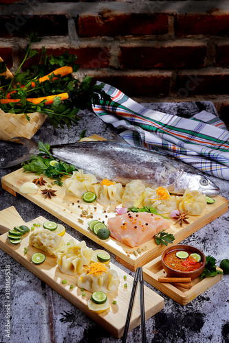 indonesian siomay mackerel fish and fillet with herbal cooking spices