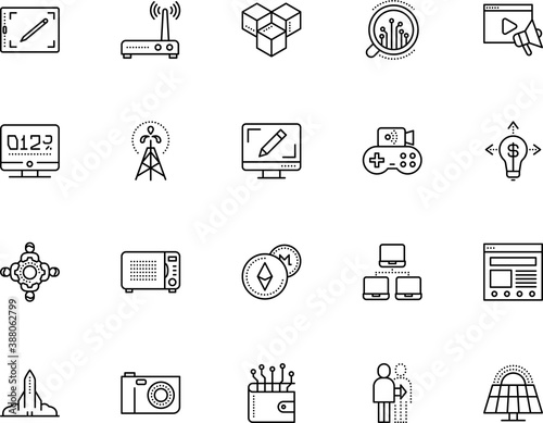 technology vector icon set such as: application, platform, gene, crystal, nature, blueprint, construction, management, kitchen, watch, perspective, front, gadgets, streaming, countdown, flash