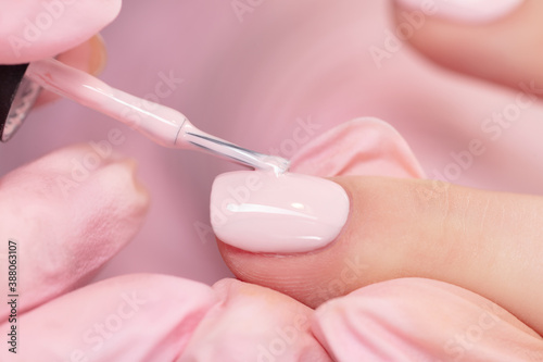 Process of applying pink varnish. Woman in salon receiving manicure by nail beautician. Light pink polish and brush  macro. Care for beautiful hands