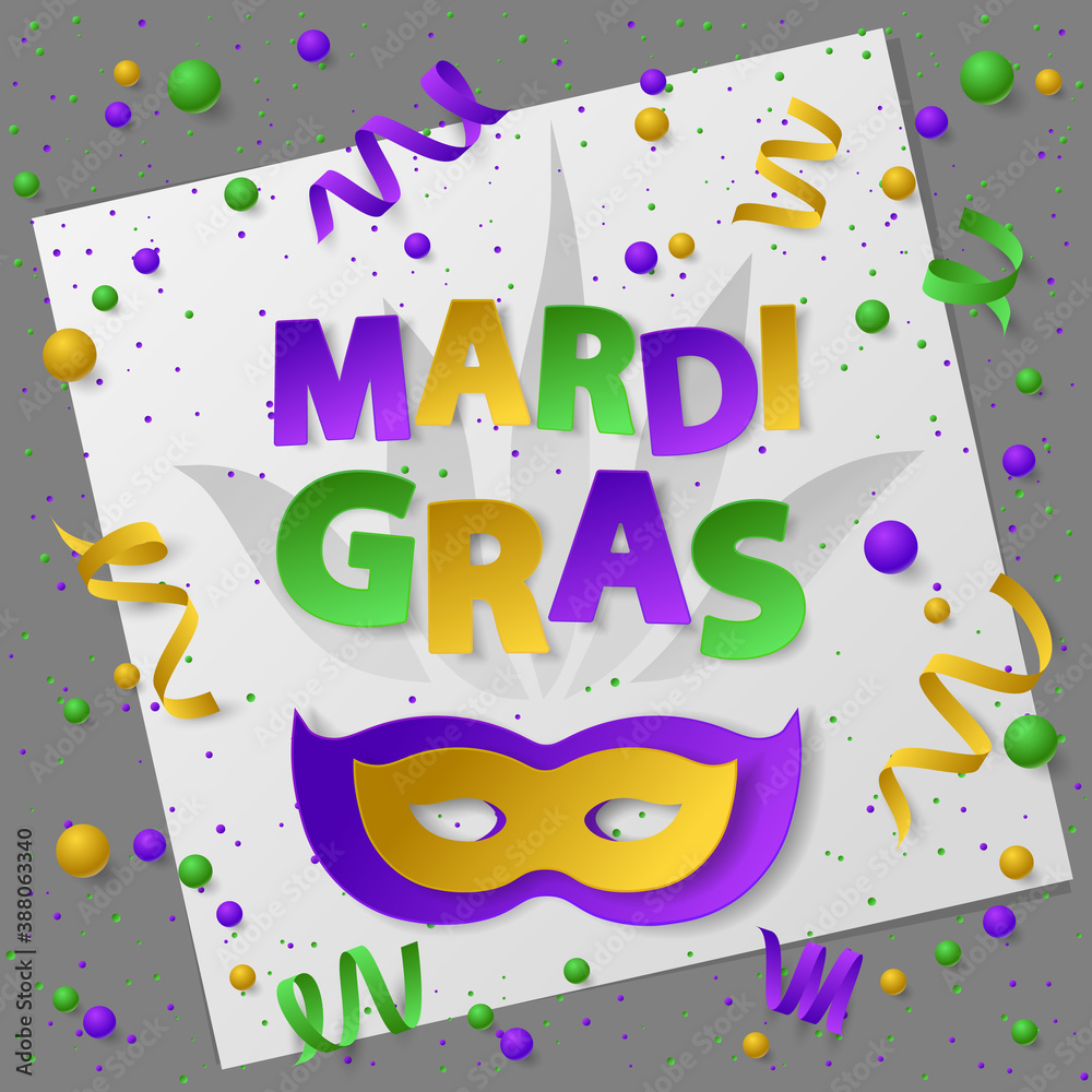 Poster with green, yellow and violet dust, confetti and balls. Vector illustration. Paper mask and lettering Mardi Gras on white and gray backgound. For banner, holiday, party.