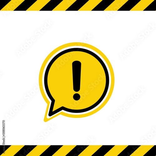 Black hazard warning attention sign or exclamation symbol in a yellow speech bubble icon with black and yellow striped vector illustration flat style on white background