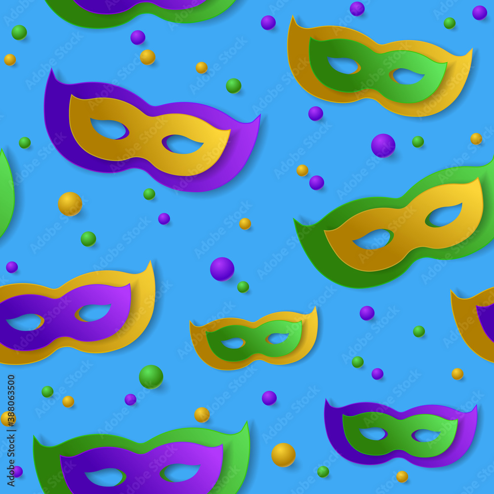 Fototapeta premium Seamless pattern with green, yellow, violet paper mask and balls on blue backgound. Vector illustration. Mardi Gras elements for banner, holiday, party.
