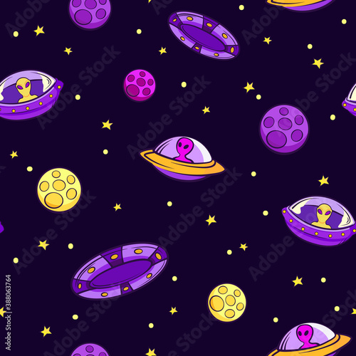 Ufo seamless pattern. Purple aliens on yellow flying saucers pink asteroids rushing through star paths space life among galaxies and constellations colorful cartoon vector universe.