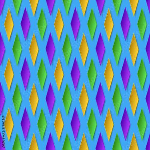 Traditional Mardi Gras seamless pattern with gold, green, yellow and violet paper rhombus on blue background. Vector illustration. 