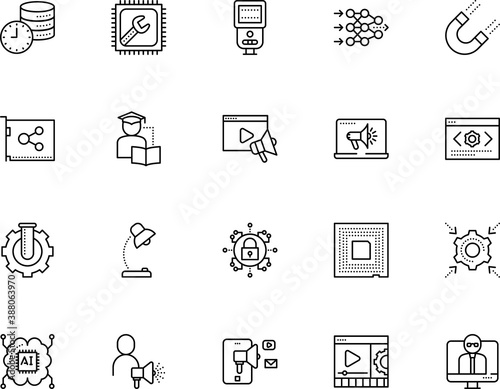 technology vector icon set such as: film, consumer, bioinformatics, trend, search, gear, unit, app, technology programming, clock, illuminate, e-commerce, industry, central, negative, tools