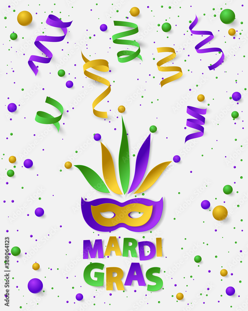Poster with green, yellow and violet dust, confetti, balls and serpentine, ribbon. Vector illustration. Paper mask and lettering Mardi Gras on white backgound. Elements for banner, holiday, party.