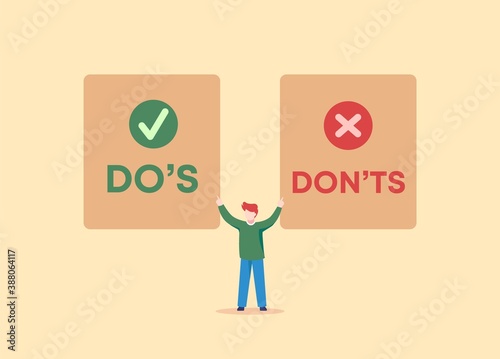 Do and dont decision. Correct green event and negative red impact confirmation with tick in circle and negation with cross test works with necessary vector choice.