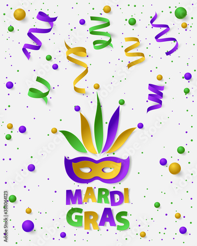 Poster with green  yellow and violet dust  confetti  balls and serpentine  ribbon. Vector illustration. Paper mask and lettering Mardi Gras on white backgound. Elements for banner  holiday  party.