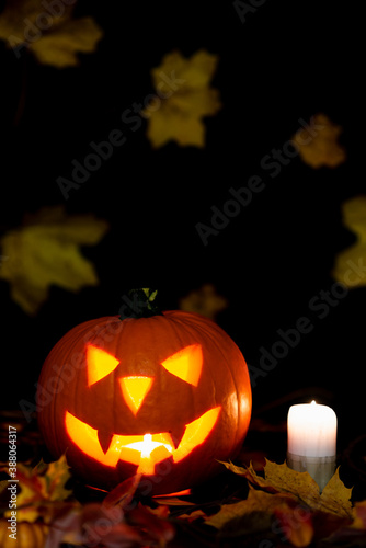 Halloween Still Life Colorful Theme Scary Decorated Dark and yellow maple leaves Room with Burning Pumpkin, Candlestick
