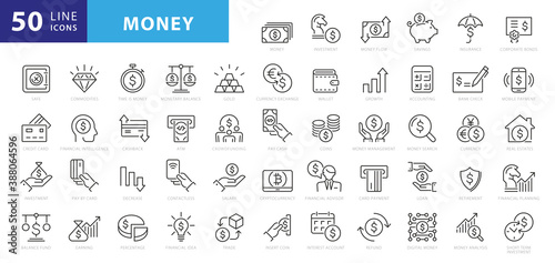 Money line icons. Set of Banking, Wallet and Coins icons. Credit card, Currency exchange and Cashback money service. Euro and Dollar, Cash wallet, exchange. Banking credit card, atm payment. Vector