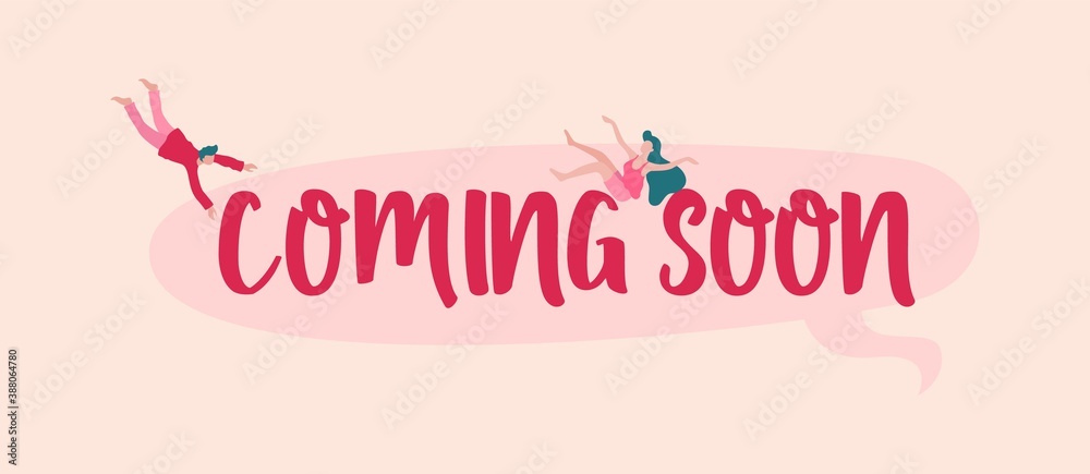 Coming soon banner. Red new project marketing promotion advertising arrival product in markets appearance of new film and play on screens trade brand template notifying fresh vector release.