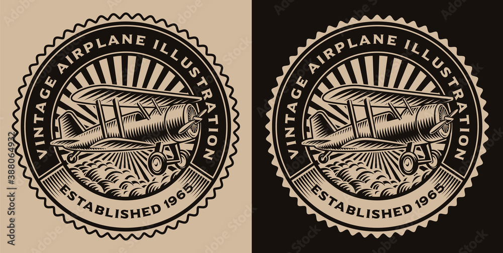 A black and white round emblem with a vintage airplane, this design can be used as a shirt print or as a logotype. A black and white round emblem with a vintage airplane, this design can be used as a shirt print or as a logotype.