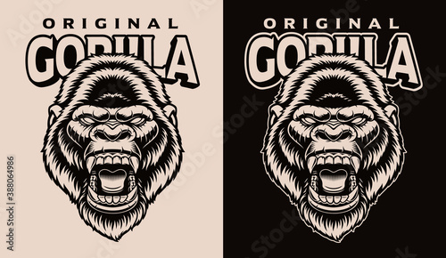A black and white vector illustration of a gorilla head, this design can be used as a shirt print or as a logotype