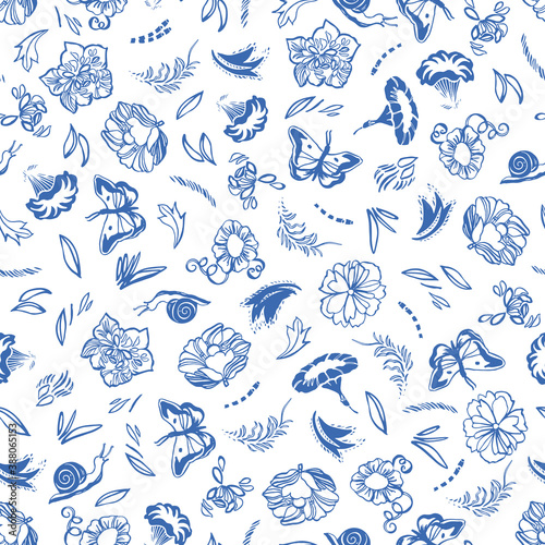 Vector classic, porcelain blue, retro, elegant floral pattern. Seamless royal design with hand drawn line art flowers, butterfly and snail on white background. Nature background. Surface pattern © Corpholia Design 