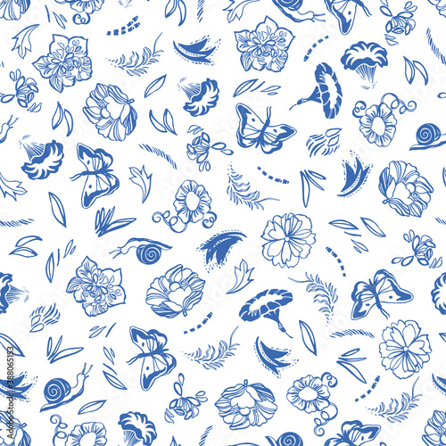 Wallpaper Mural Vector classic, porcelain blue, retro, elegant floral pattern. Seamless royal design with hand drawn line art flowers, butterfly and snail on white background. Nature background. Surface pattern Torontodigital.ca