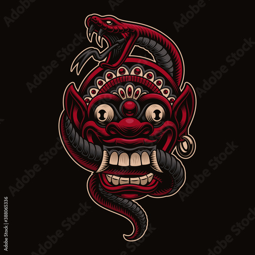 A vector illustration of a traditional Bali mask with a snake isolated on dark background. This design can be used as a shirt print as well as for many other uses.