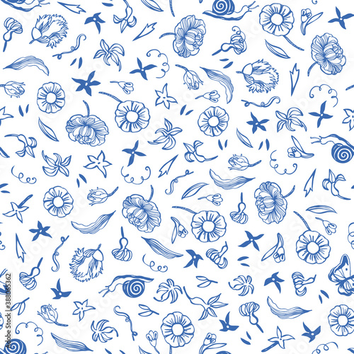 Vector classic porcelain blue hand drawn elegant floral pattern. Seamless royal design with line art flowers, butterfly and snail on white background. Nature background. Surface pattern design.