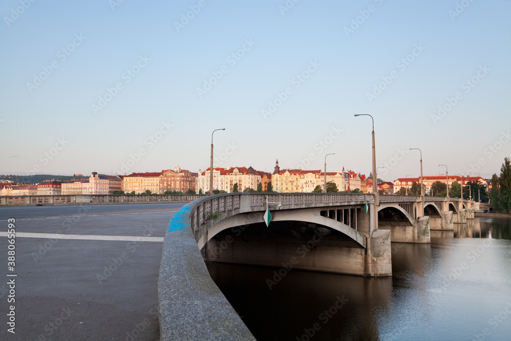 View of the Jirásek Bridge across Vltava River in Prague, Czech Republic.