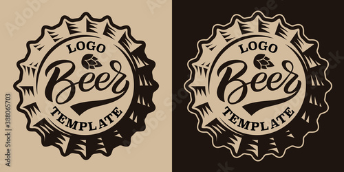 A black and white vintage beer emblem with a beer cap, this illustration can be used as a logotype for a brewery as well as for many other uses.