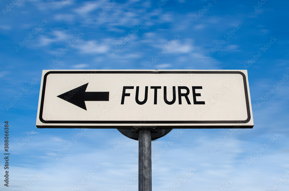 Future road sign, arrow on blue sky background. One way blank road sign with copy space. Arrow on a pole pointing in one direction. Future road sign, arrow on blue sky background. One way blank road sign with copy space. Arrow on a pole pointing in one direction.
