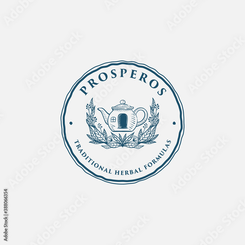 Teapot Vintage Hand Drawn Logo Design Illustration For Tradiotiona Herbal Formulas Shop Or Tea Shop