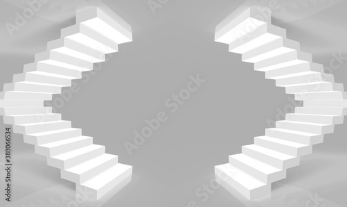 3d rendering. symmetry white stairs up and down on gray room background.
