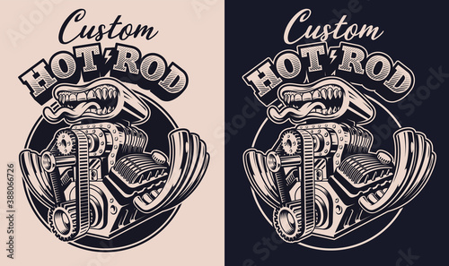 A black and white vector illustration of a cartoon hot rod engine, this design can be used as a shirt print as well as for many other uses.