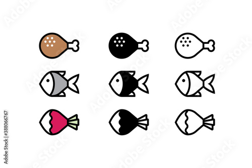 Fried chicken leg, fish and radish icons as symbols for meat, seafood and vegan menu.