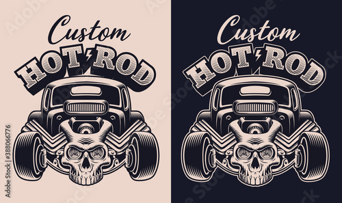 A black and white vector illustration of a cartoon hot rod with a skull, this design can be used as hirt print.