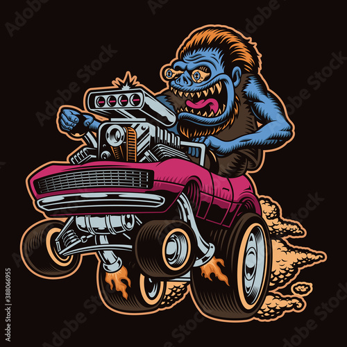 Tableau sur toile A colorful vector illustration of a cartoon hot rod with a character isolated on a dark background