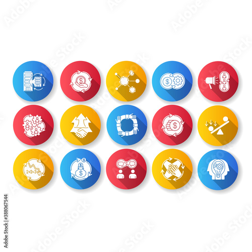 Synergy flat design long shadow glyph icons set. Business project. Financial operation. Handshake for partnership. Corporate network. Negative, positive effect. Silhouette RGB color illustration
