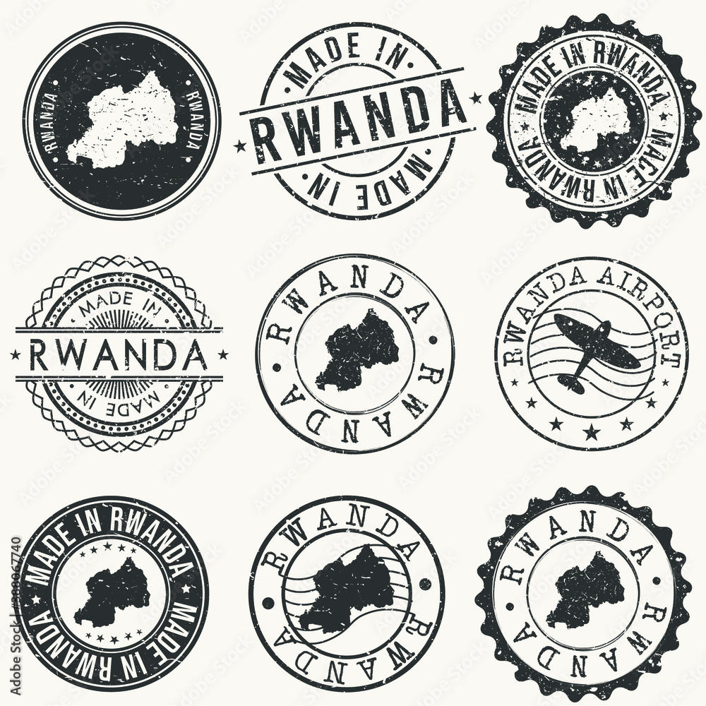 Rwanda Set of Stamps. Travel Stamp. Made In Product. Design Seals Old Style Insignia.
