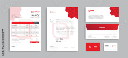 Modern Corporate business or finance company branding identity stationery design Template A4 letterhead Invoices business card and envelope with Red Abstract Dynamic Shape.